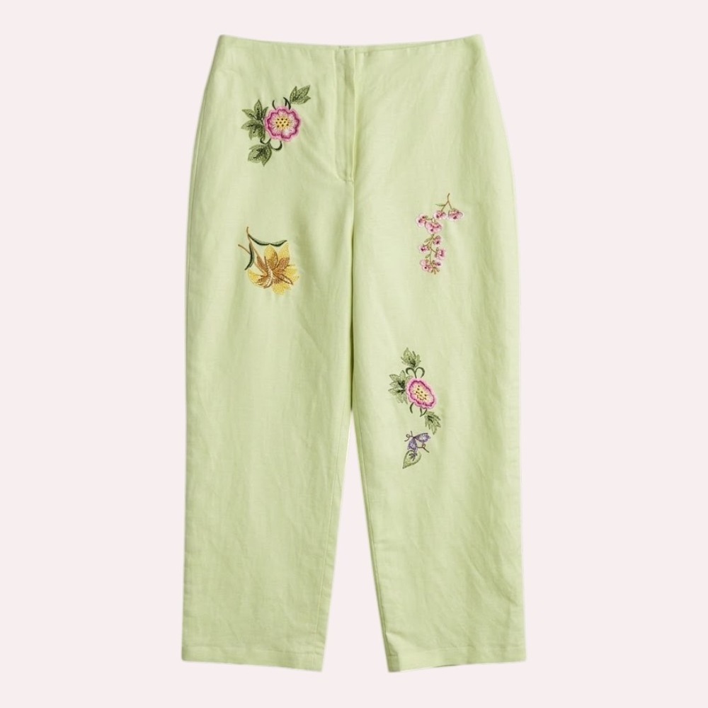 Green Embroidered Linen Blend Cropped Pants size 12 Vacation Summer